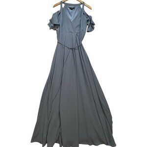 Lulus Womens Wrap V Neck Maxi Dress Short Sleeve Cold Shoulder Size S Dusty Blue